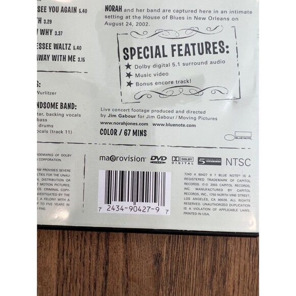 Norah Jones Live In New Orleans DVD 2003 Music Concert Blue Note Pre-Owned - Picture 3 of 4